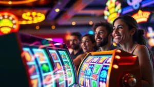 Slot gacor berputar dengan pemain antusias yang merayakan kemenangan di kasino online.