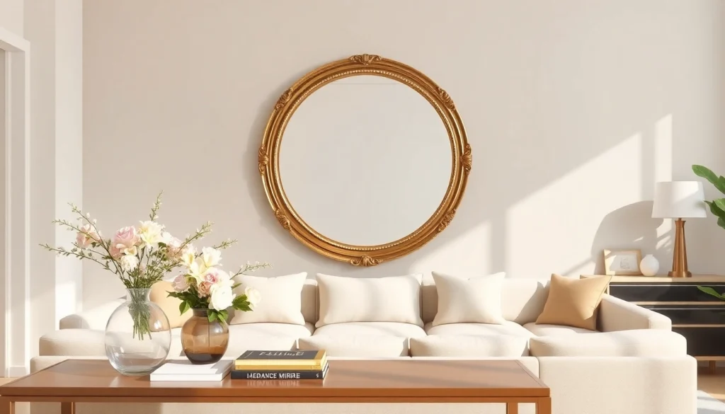 Handmade designer mirror at Merit Home's spacious living room setting - https://merithome.co.uk reflects elegance.