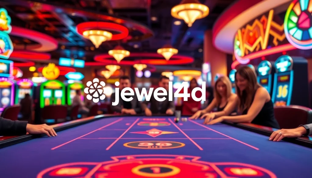 Permainan kasino dengan logo jewel4d diatas meja, dikelilingi oleh pemain yang antusias.