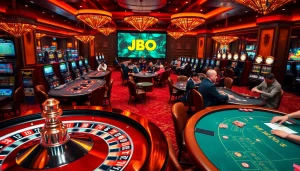 JBO casino scene with players at blackjack and roulette tables, embodying high-stakes gambling excitement.