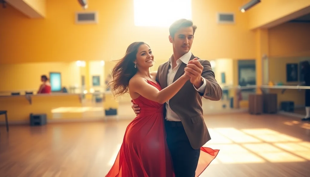 Couple performing Carolina Dance with energetic movements in a vibrant dance studio setting.