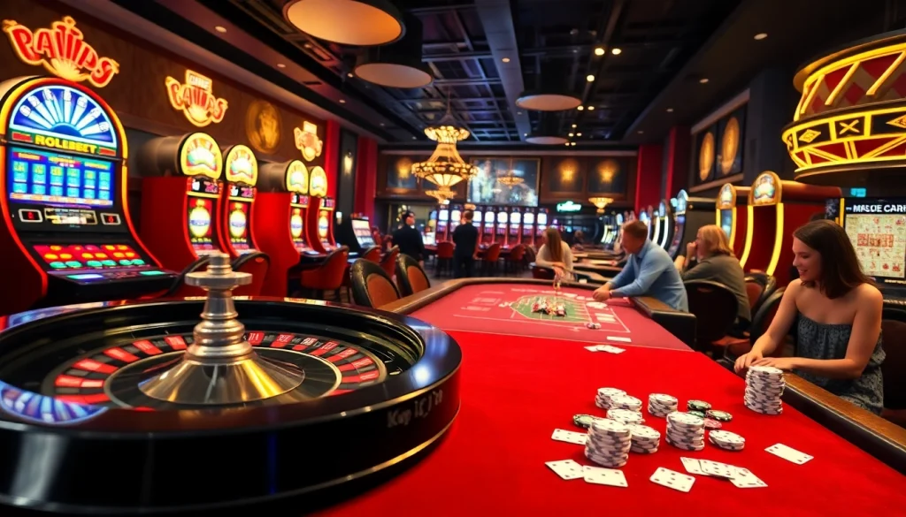 Thrilling casino scene showcasing KJC AC 1 with poker tables, vibrant slot machines, and roulette wheel excitement.