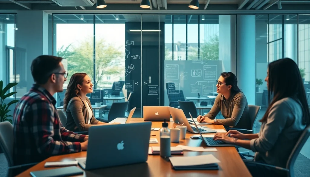 Visualize Good Wolf Marketing team collaborating on a digital strategy in a vibrant office.