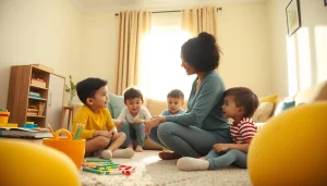 Find a live-out nanny Dubai playing and caring for children in a lively home setting.