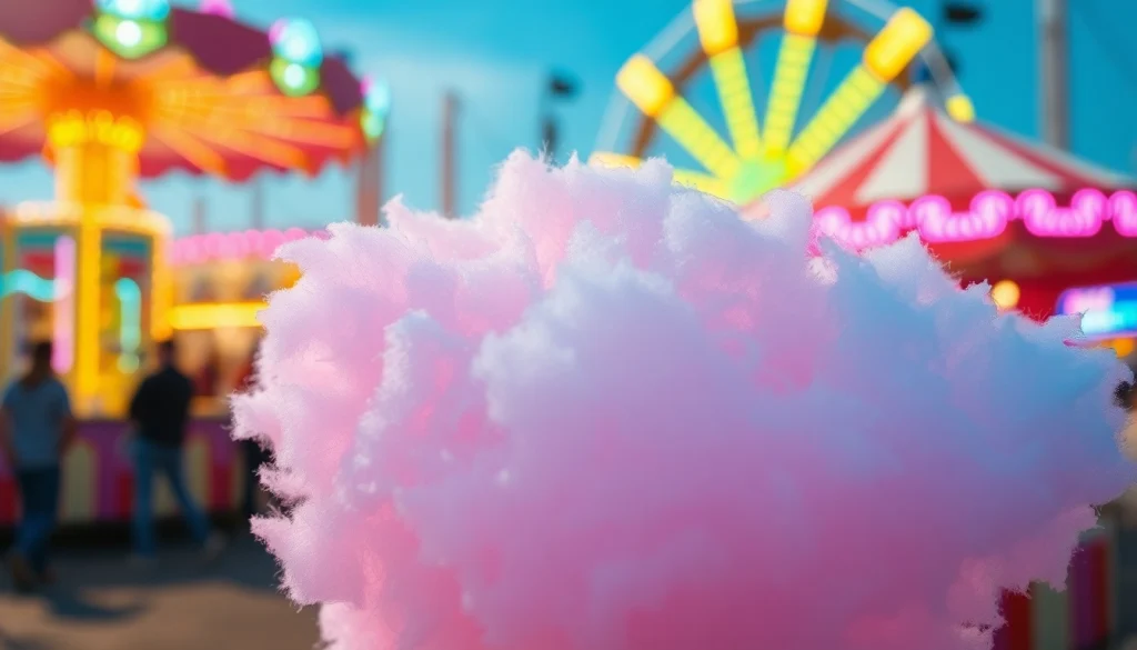 Geniet van wafel katoen, prachtig gekleurd en luchtig, op een kermis achtergrond.