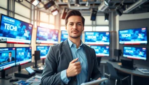 Report on tech news while highlighting the bustling dynamic of a modern newsroom.