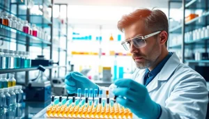 Engaging professional scene of buying peptides online with scientist analyzing peptide samples.