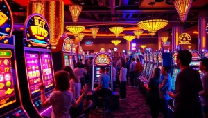 Mainkan slot gacor dengan mesin cerah dan pemain yang merayakan kemenangan di kasino.