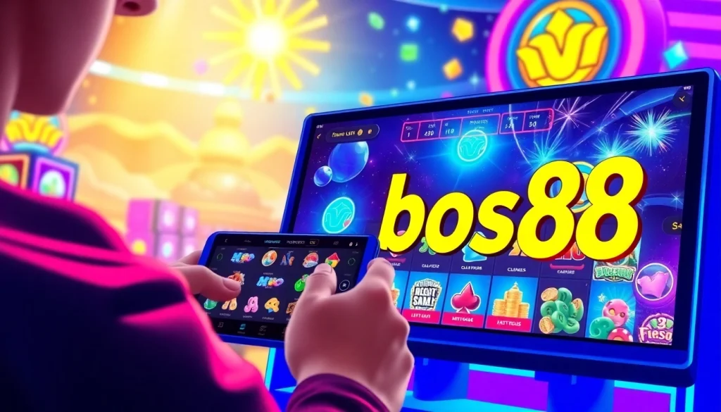 Menggambarkan pengalaman bermain bos88 dengan antarmuka gamification dan warna cerah.