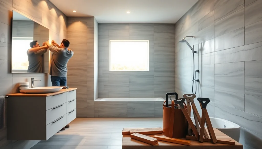 Expert professional performing a bathroom remodeling service with elegant fixtures and natural lighting.