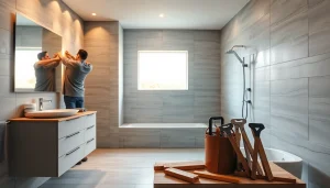 Expert professional performing a bathroom remodeling service with elegant fixtures and natural lighting.