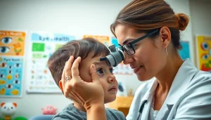 Child receiving an eye exam to promote Our Children's Vision through professional care and education.