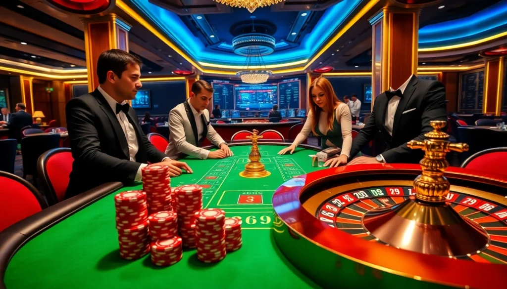 Engage in high-stakes gameplay at VMAX, featuring luxurious casino tables and vibrant poker chips.