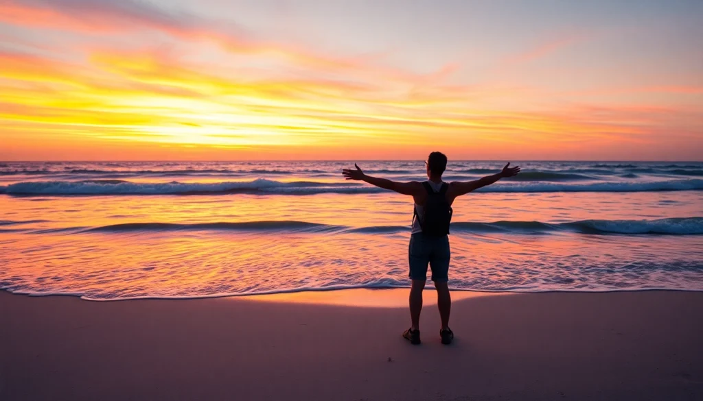 datanisle.com의 아름다운 해변에서 일몰을 즐기는 여행자의 실루엣