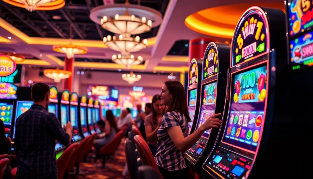 Permainan slot online yang menarik dengan mesin berwarna-warni dan pemain antusias.