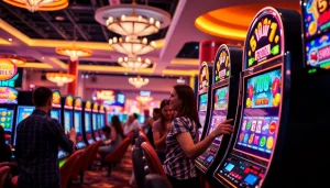 Permainan slot online yang menarik dengan mesin berwarna-warni dan pemain antusias.