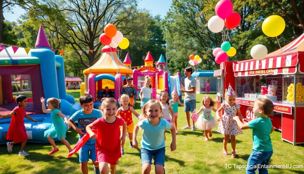 Playful kids enjoying a party with colorful bounce houses from https://www.tcspecialentertainment4u.com.