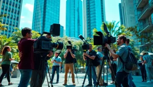 Video Production Company Phoenix team filming in urban setting with advanced equipment.