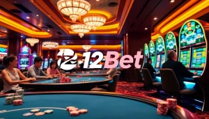 12bet players enjoying an exciting online gambling experience with colorful chips and tables
