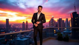 Discover trending men’s fashion in a stylish rooftop scene featuring a young man in a modern suit.