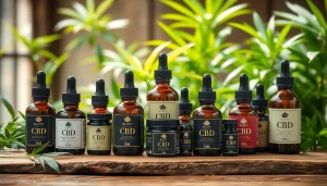 Blato cbd products showcased beautifully on a wooden table amidst greenery.