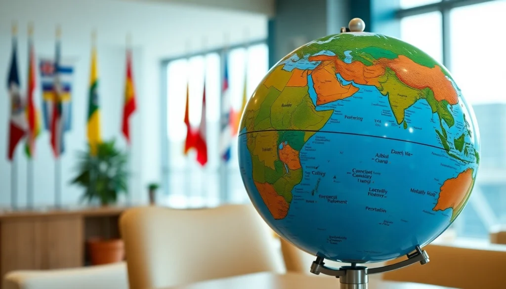 Showcasing worldwide connectivity with a globe spinner in a bright office.