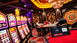 Experience the thrill of gambling with TẢI AF88 in a luxurious casino setting featuring vibrant slot machines and a busy poker table.