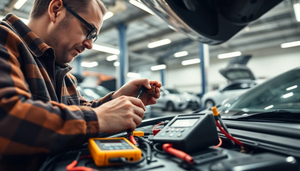 Użytkownik sprawdzający schematy bezpieczników na stronie https://bezpieczniki24.pl w warsztacie.