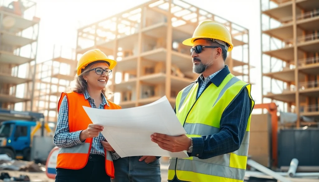 Highlighting careers in construction, diverse workers collaborate on-site with machinery.