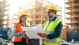 Highlighting careers in construction, diverse workers collaborate on-site with machinery.