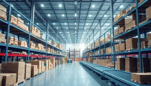Optimize warehousing efficiency in a modern facility with organized shelves and advanced systems.