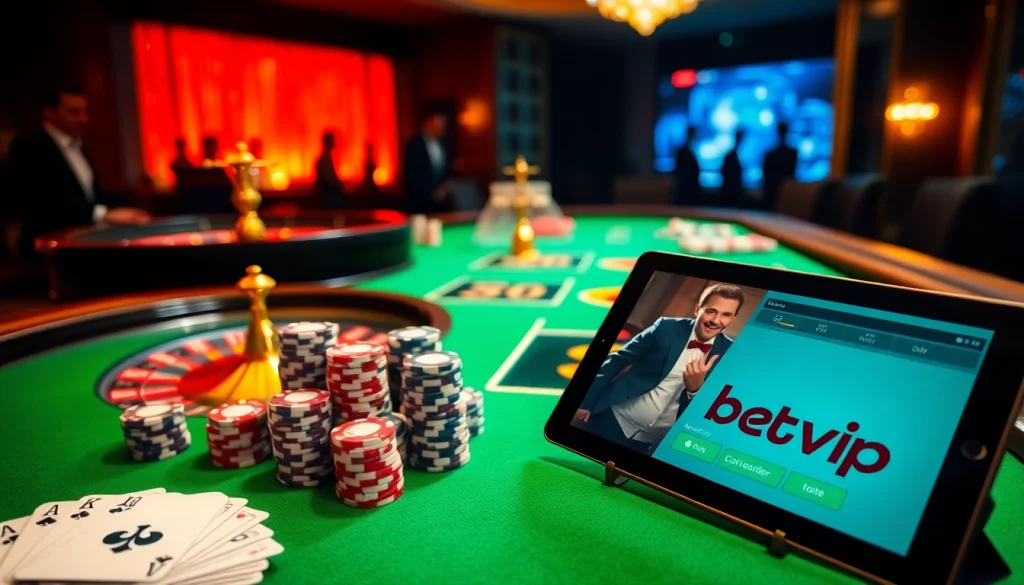 Người chơi Betvip ăn mừng những chiến thắng lớn tại bàn casino sang trọng với trang trí sống động.
