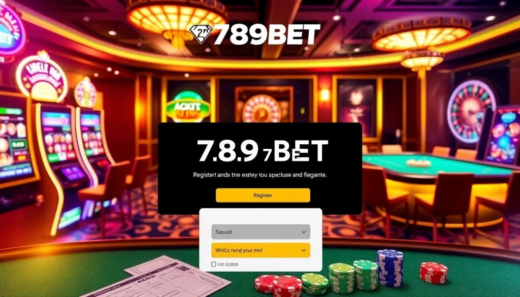 Experience the excitement in a casino showcasing 'đăng ký 789BET' registration with vibrant gaming elements.