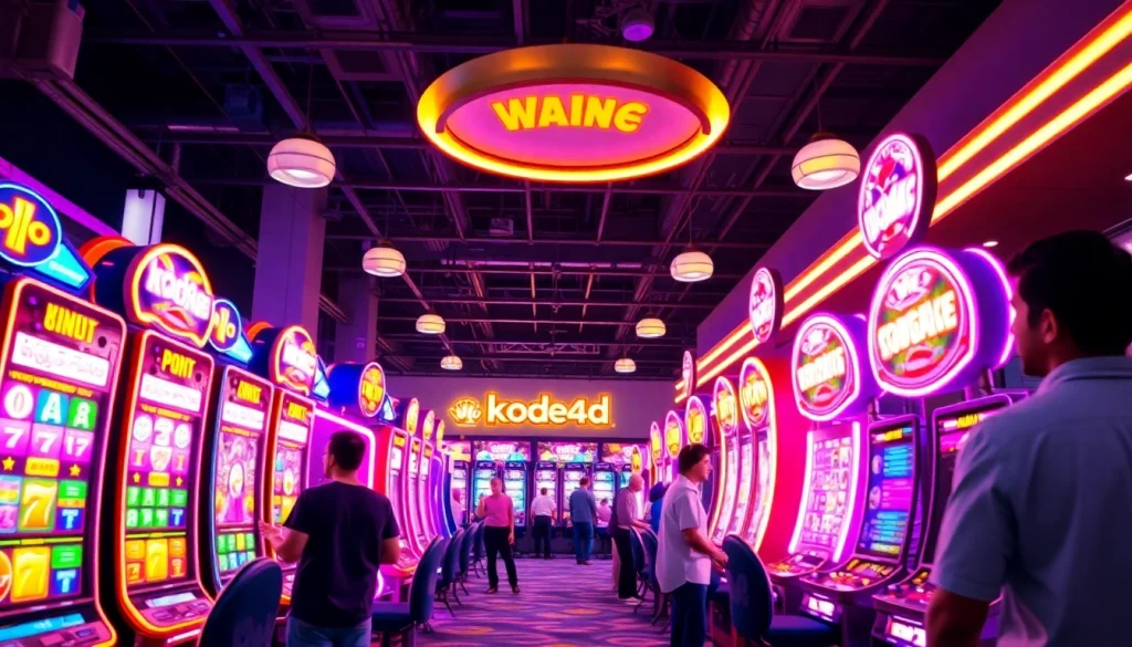 Kode4d online gaming scene with interactive slot machines and vibrant players.