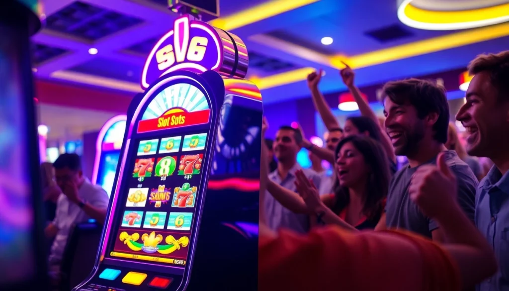 Menangkan permainan slot depo 5k dengan mesin slot berwarna cerah dan pemain yang bersuka cita