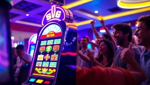 Menangkan permainan slot depo 5k dengan mesin slot berwarna cerah dan pemain yang bersuka cita