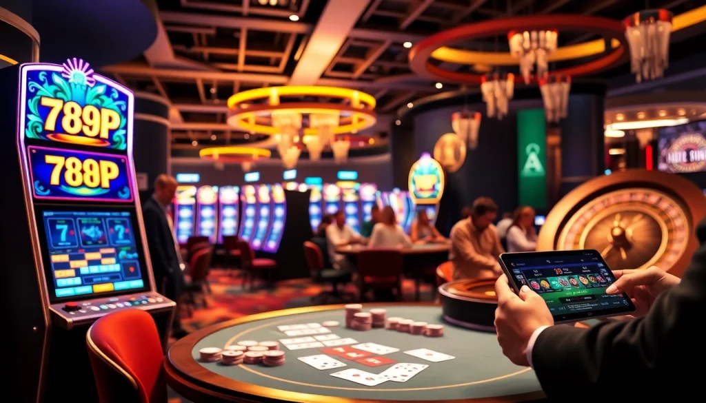 Engaging scene at nhà cái 789p showcasing luxurious slot machines and an exciting poker table.