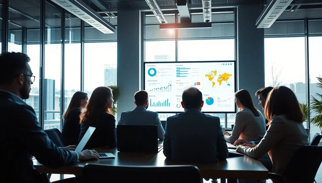 Team discussing competitive intelligence data visualization in a modern office.