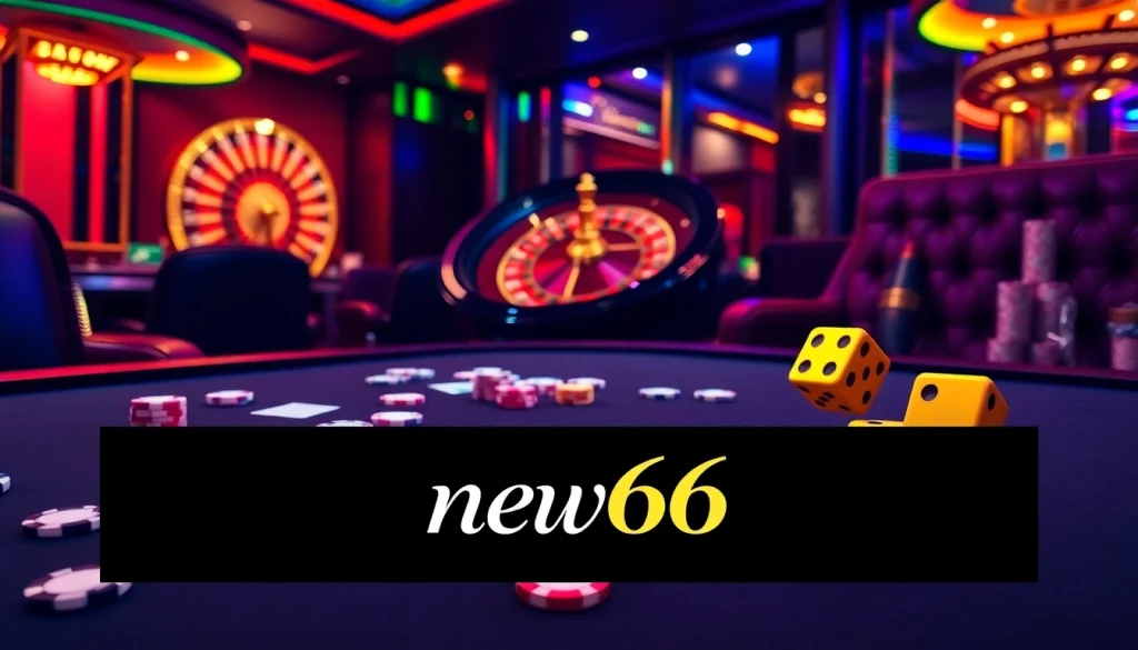 Players engaging in exciting poker action at new66 casino table with vibrant atmosphere and roulette wheel.