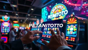 Menampilkan pemain slot di dalam permainan petanitoto, dengan simbol berwarna-warni memutar.