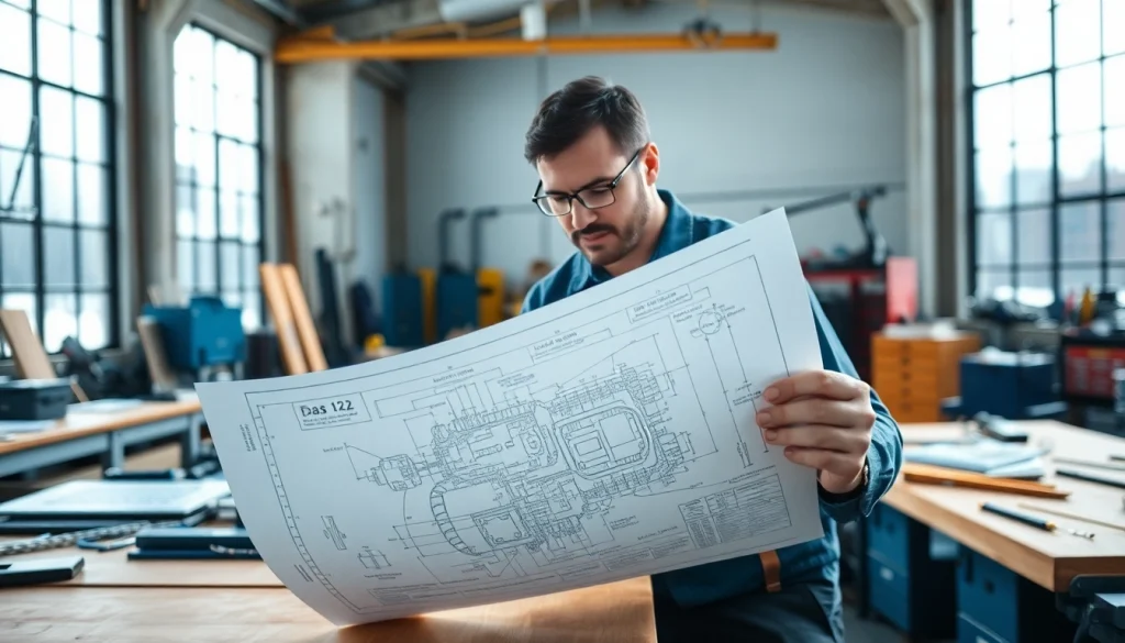 Engineer analyzing a detailed mechanical blueprint for das 142 in a well-lit workshop.