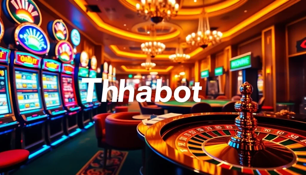 Engaging scene depicting players enjoying Tha bet with vibrant slot machines, poker tables, and roulette wheels in a luxurious casino.