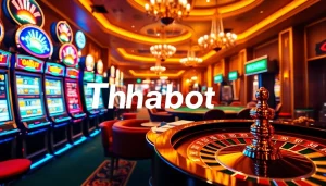 Engaging scene depicting players enjoying Tha bet with vibrant slot machines, poker tables, and roulette wheels in a luxurious casino.