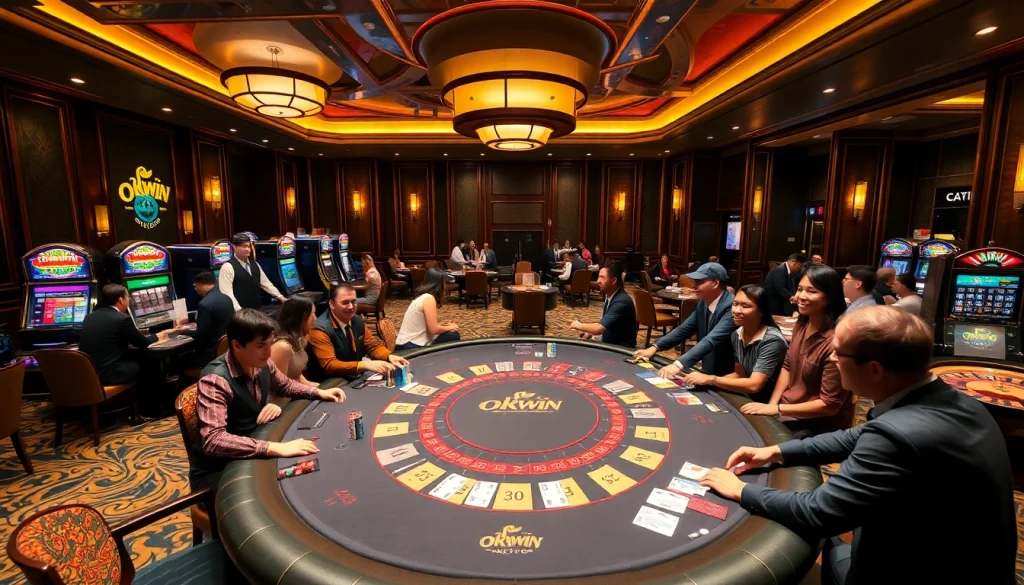 Experience the thrill of Okwin at a luxurious casino poker table surrounded by players.