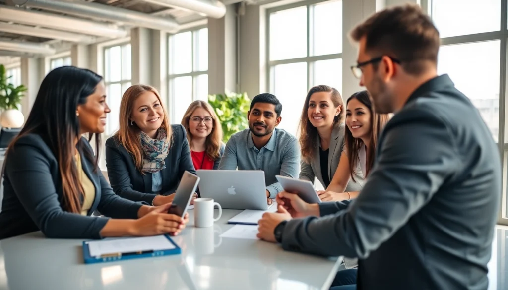 Team collaborating on marketing strategy representing a Florida Ad Agency in a modern office.