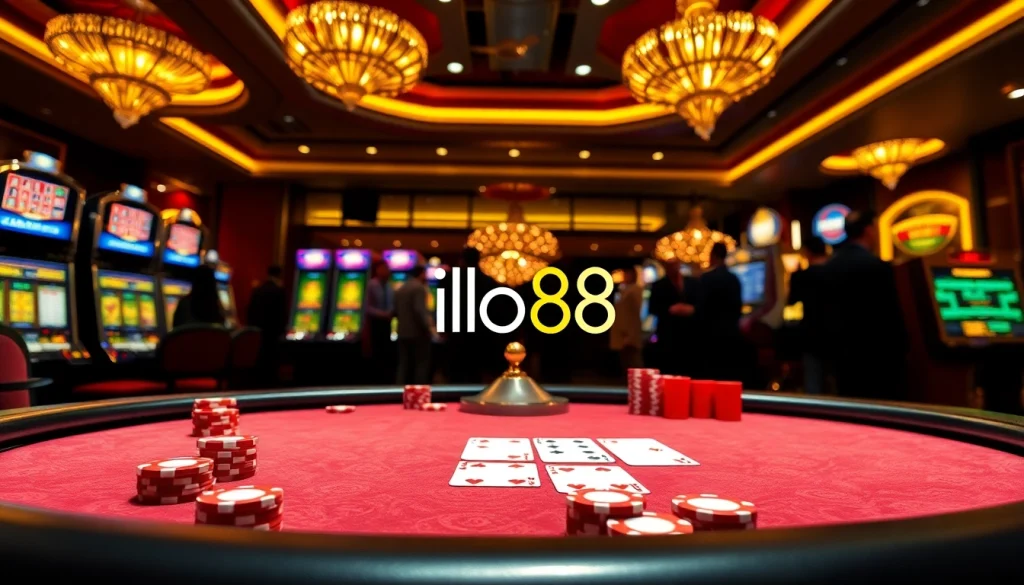 Engaging players at a luxurious poker table featuring ib88 chips, surrounded by casino excitement.