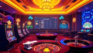 Engage in thrilling gameplay at OK365 Trang chủ with vibrant casino elements like poker tables and slot machines.