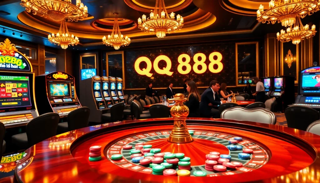 Experience qq88 là gì with vibrant roulette and slot machines in a luxurious casino setting.