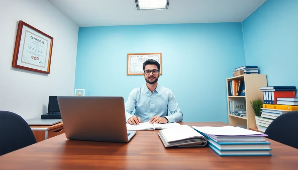 Showcasing a professional translator engaged in certified translation (traducción jurada) in a modern office setting.