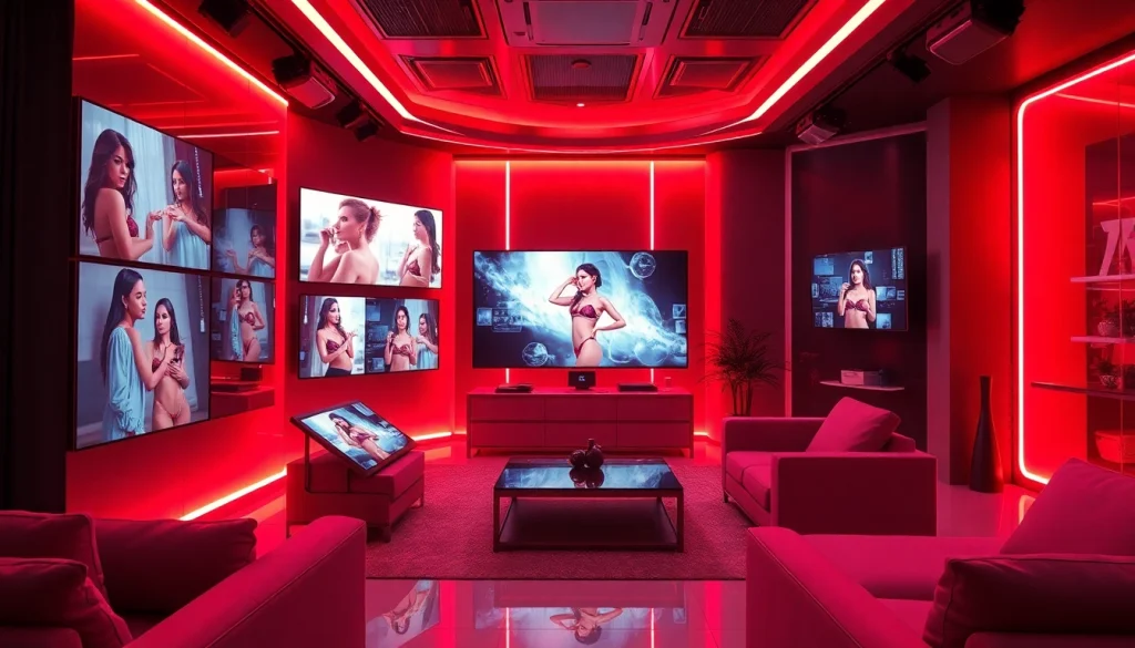 Futuristic adult entertainment studio showcasing interactive AI-generated porn ai imagery.
